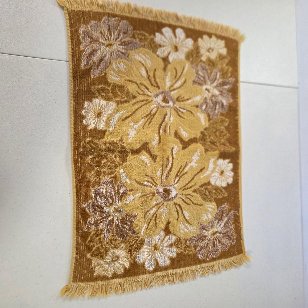 Vintage Fashion Manor JCPenney Floral Hand Towel Gold Brown Fringed 70s Retro